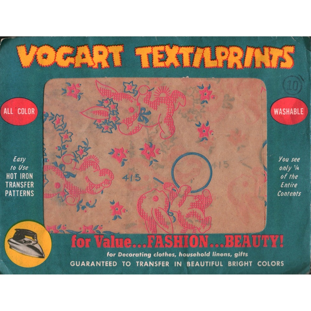 Vintage Vogart Textilprints Hot Iron Transfer Patterns 415 Bunny Rabbit Floral